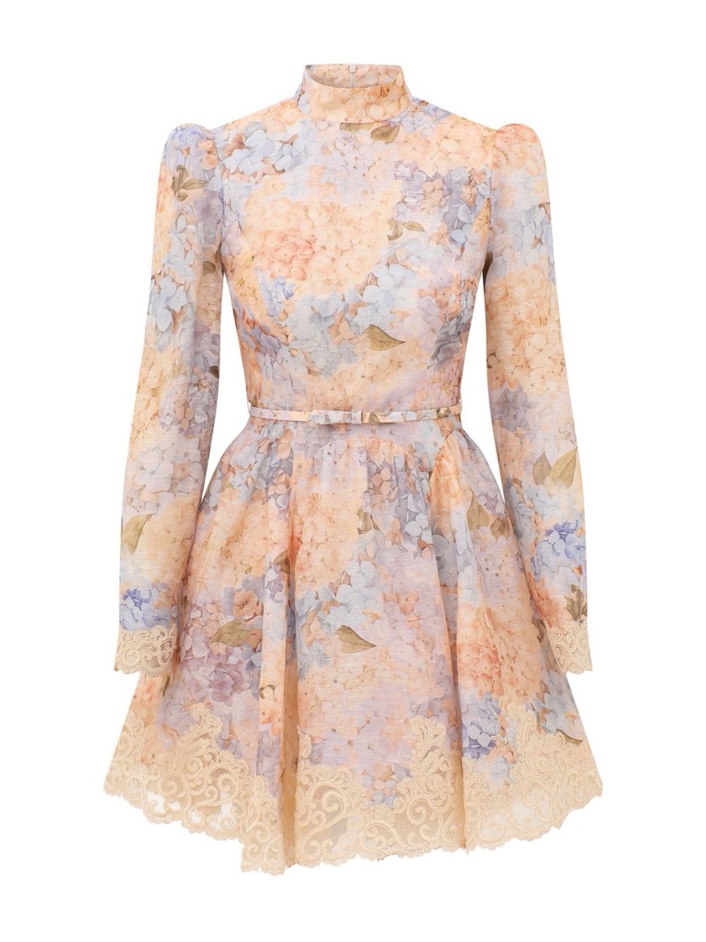 Zimmermann Peach, Lavender & Cream High-Neck Long-Sleeve Fit-and-Flare Dress